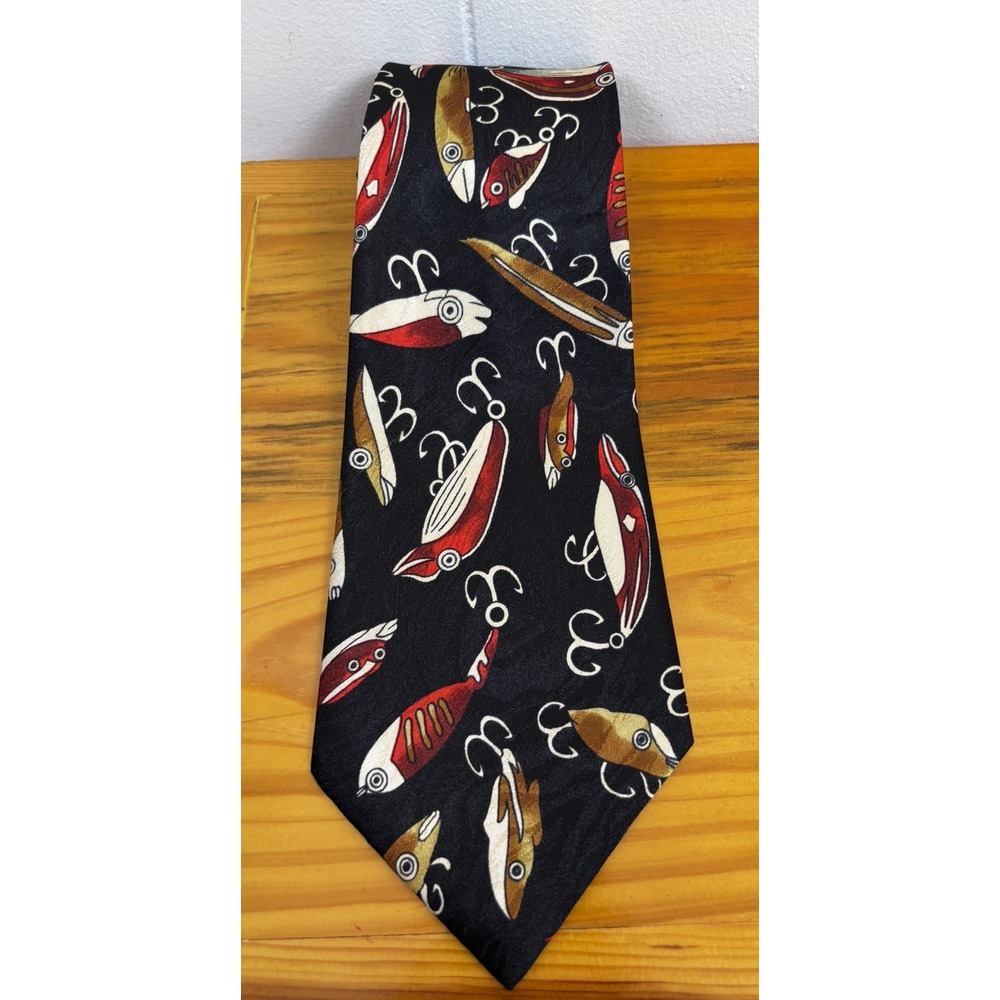 Renaissance Handmade Red Brown Fishing Lures on Black Background Silk‎ Tie 59"